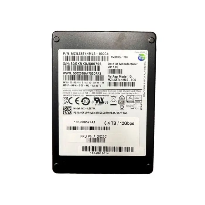 Hard drive Netapp Samsung 6.4TB SSD SAS 12G 2.5" V-NAND TLC MU 108-00652+A1
