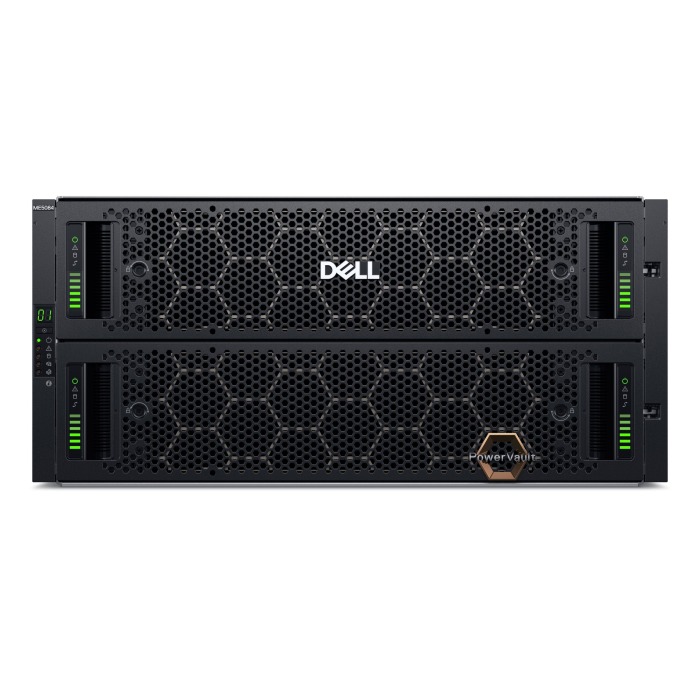 Storage array Dell PowerVault ME5084 with 2x iSCSI (SFP28) controller, 40x 1.92TB SSD SAS4, 10x 8TB HDD SAS, 2x 2200W AC PSU, bezel, rails